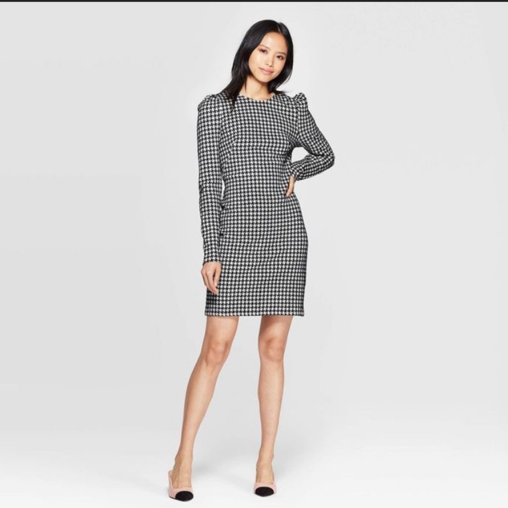 Who What Wear Black White Houndstooth Plaid Dress NWT